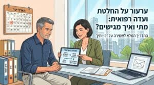 Two professionals sit at a desk in an office, one showing a flowchart on a tablet to the other, with a calendar on the wall and folders nearby.